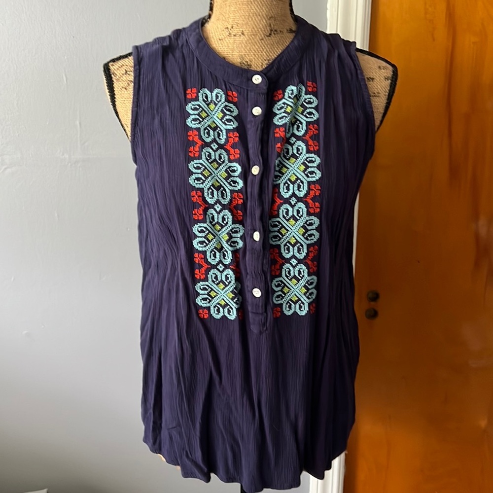 New Directions Embroidered Tank Top Navy Blouse Size M